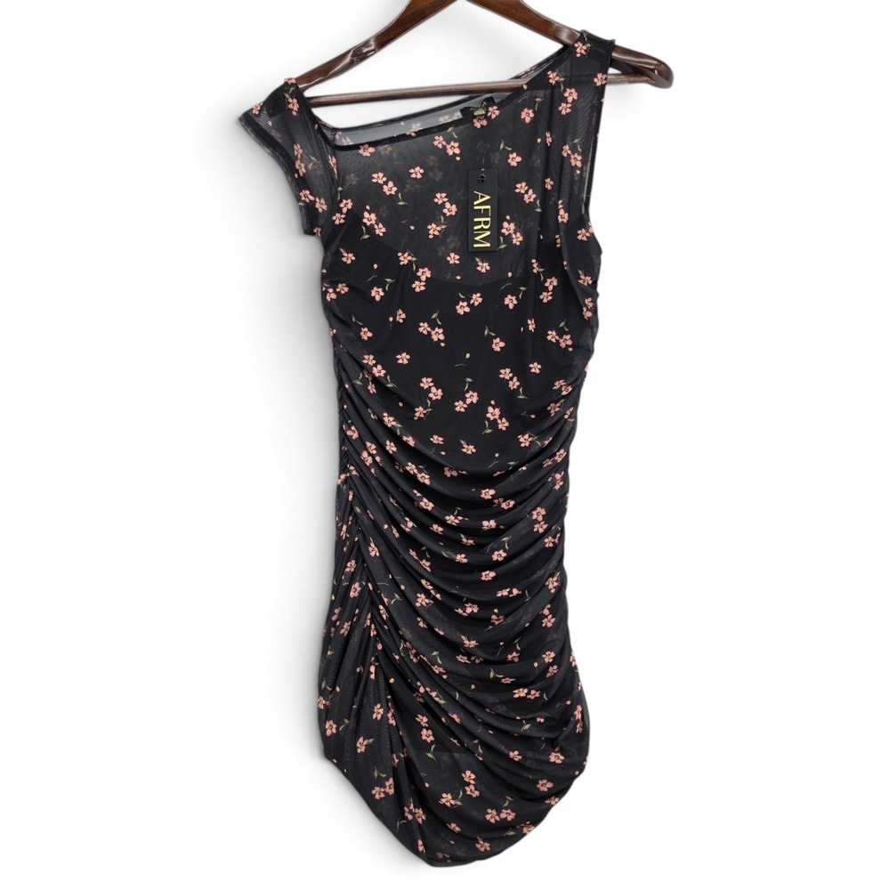 AFRM Ruched Mesh Floral Mini Cocktail Party Dress L Black Pink Sheer NWT